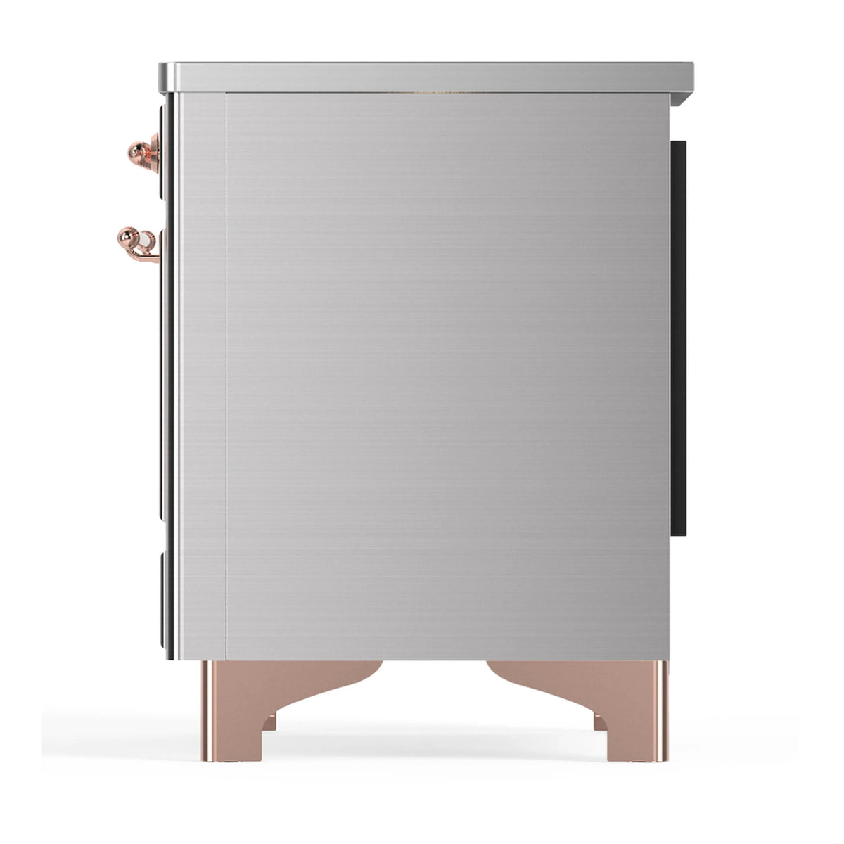 Stainless steel induction range rear side view with copper-trim accents and leveling feet
