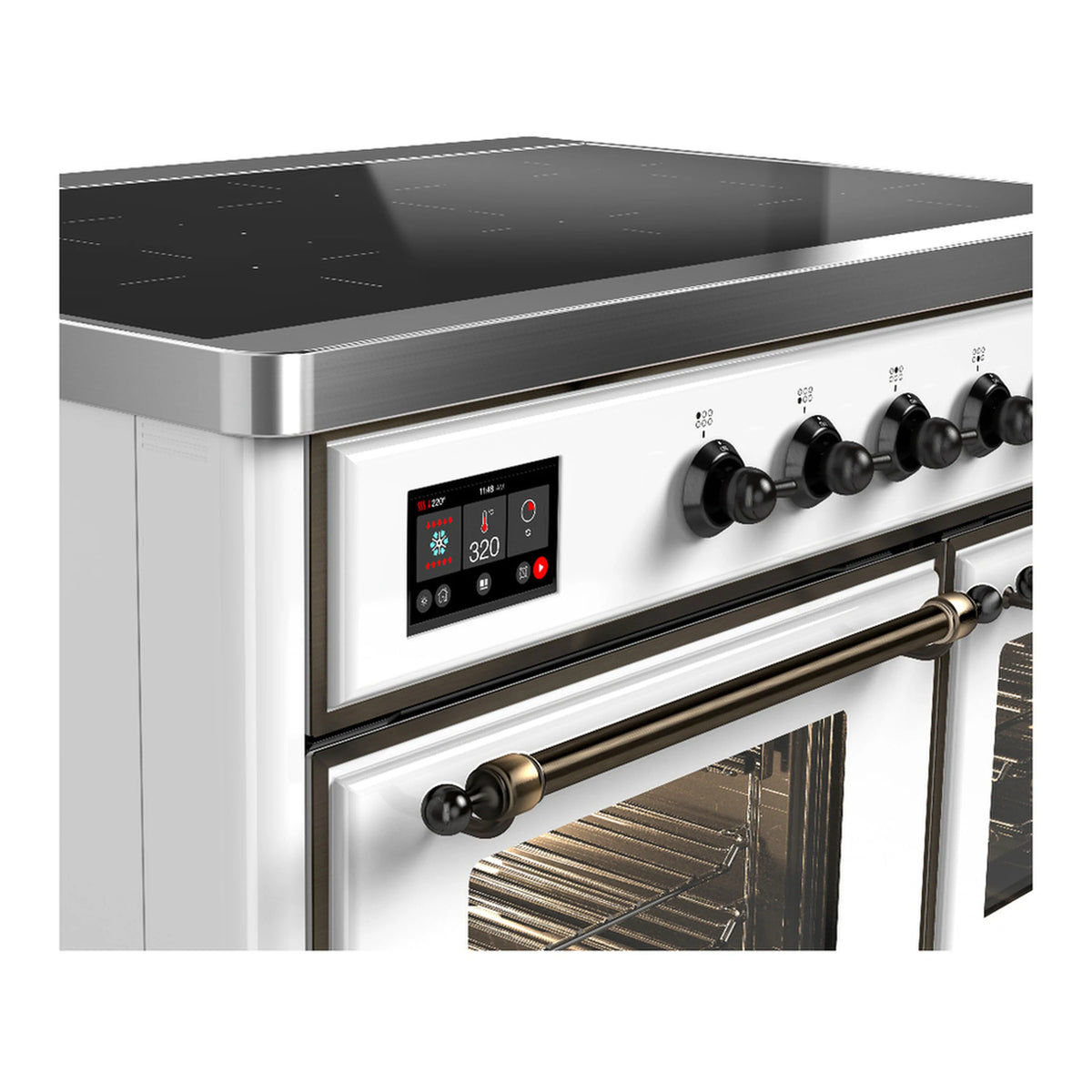 White induction range control panel with digital display, black knobs, and gold trim