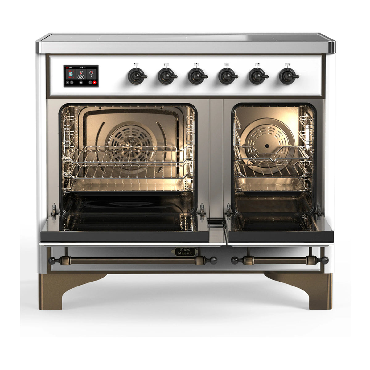 White induction range with open oven doors showing wire racks and interior light