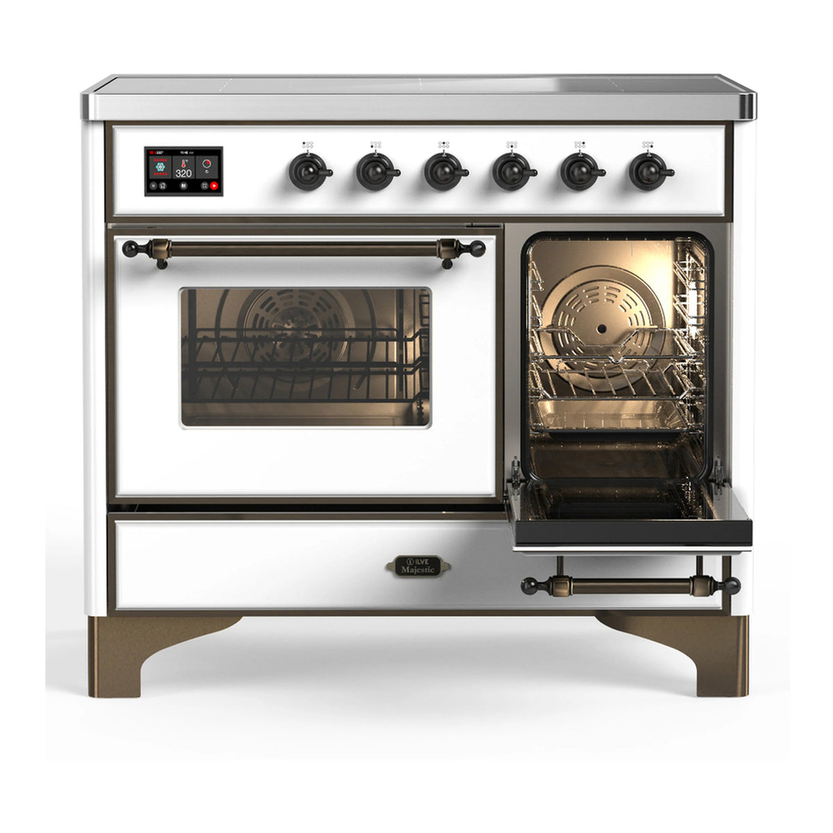 White induction range with one oven door open, showing heated interior and racks