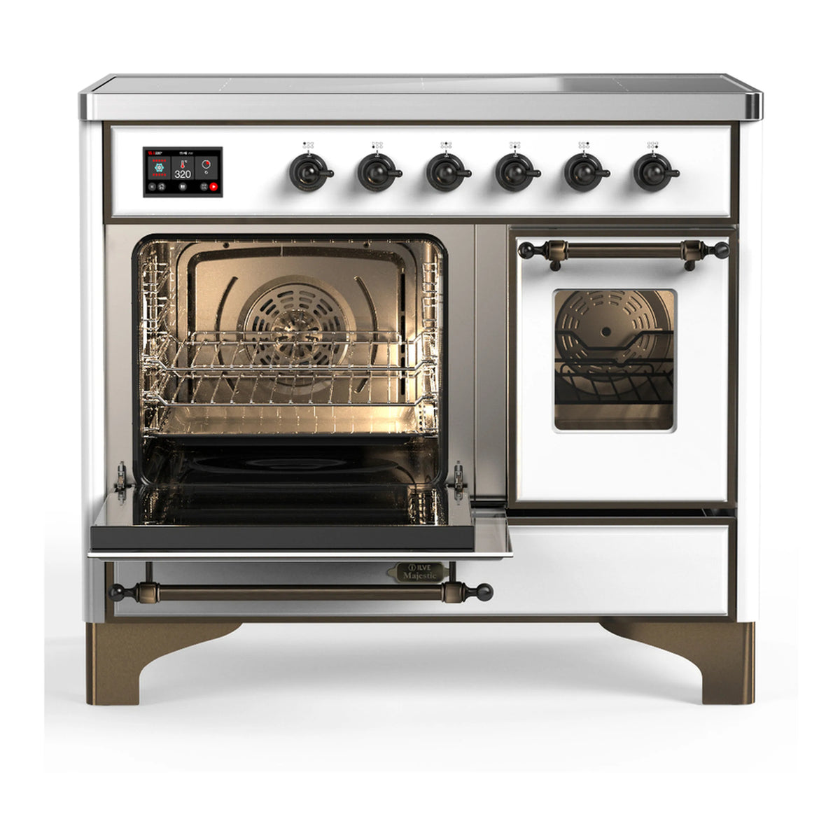 White induction range with open ovens and visible wire racks inside the glass doors
