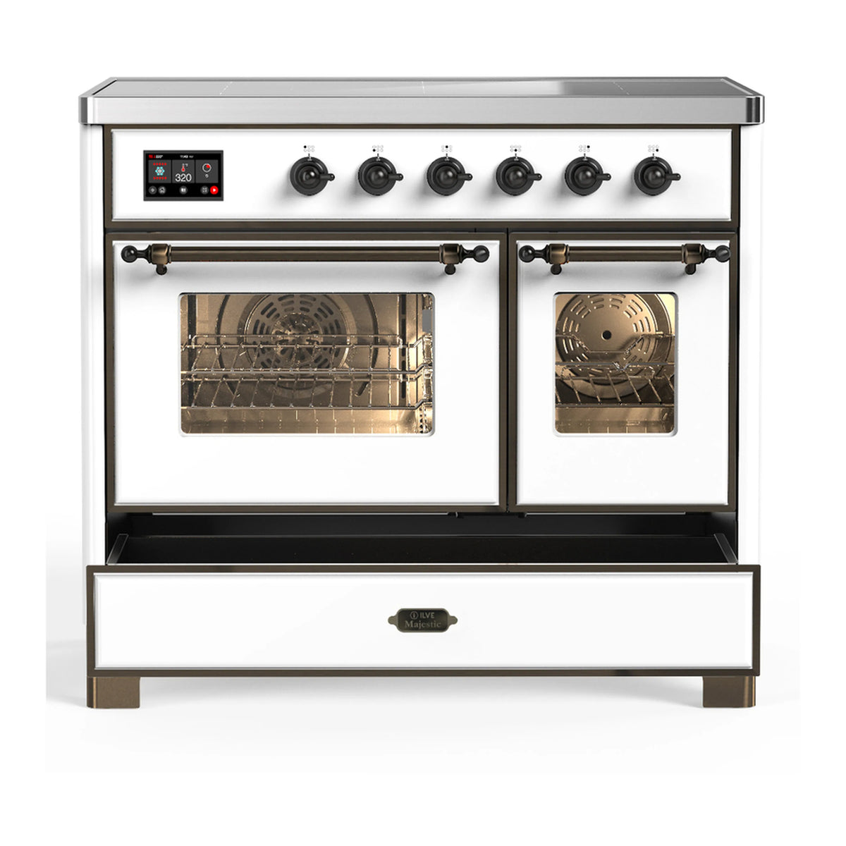 White induction range with both oven doors open and two oven interiors with racks