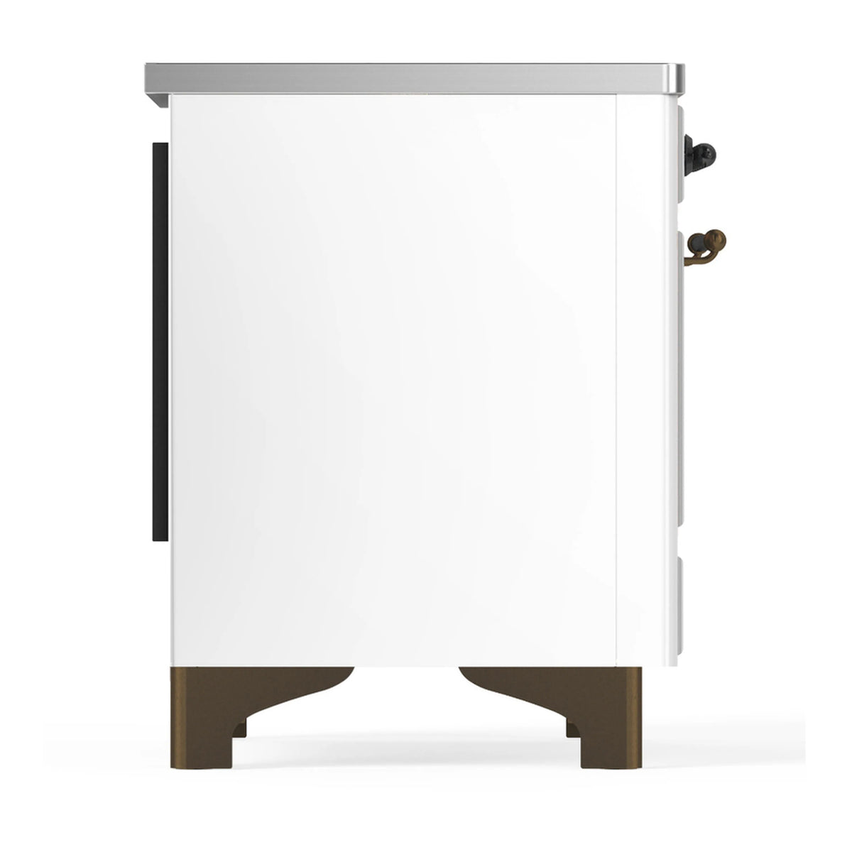 White induction range side view with gold-trim corner and black handle accents