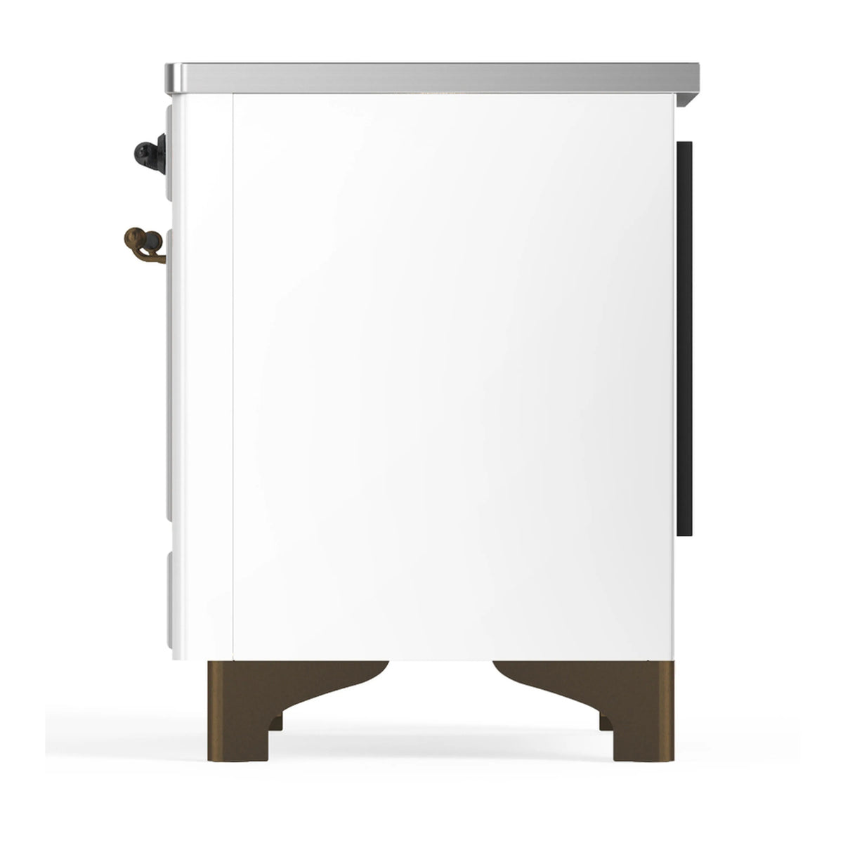 White induction range other side view with vertical handle and gold bottom trim