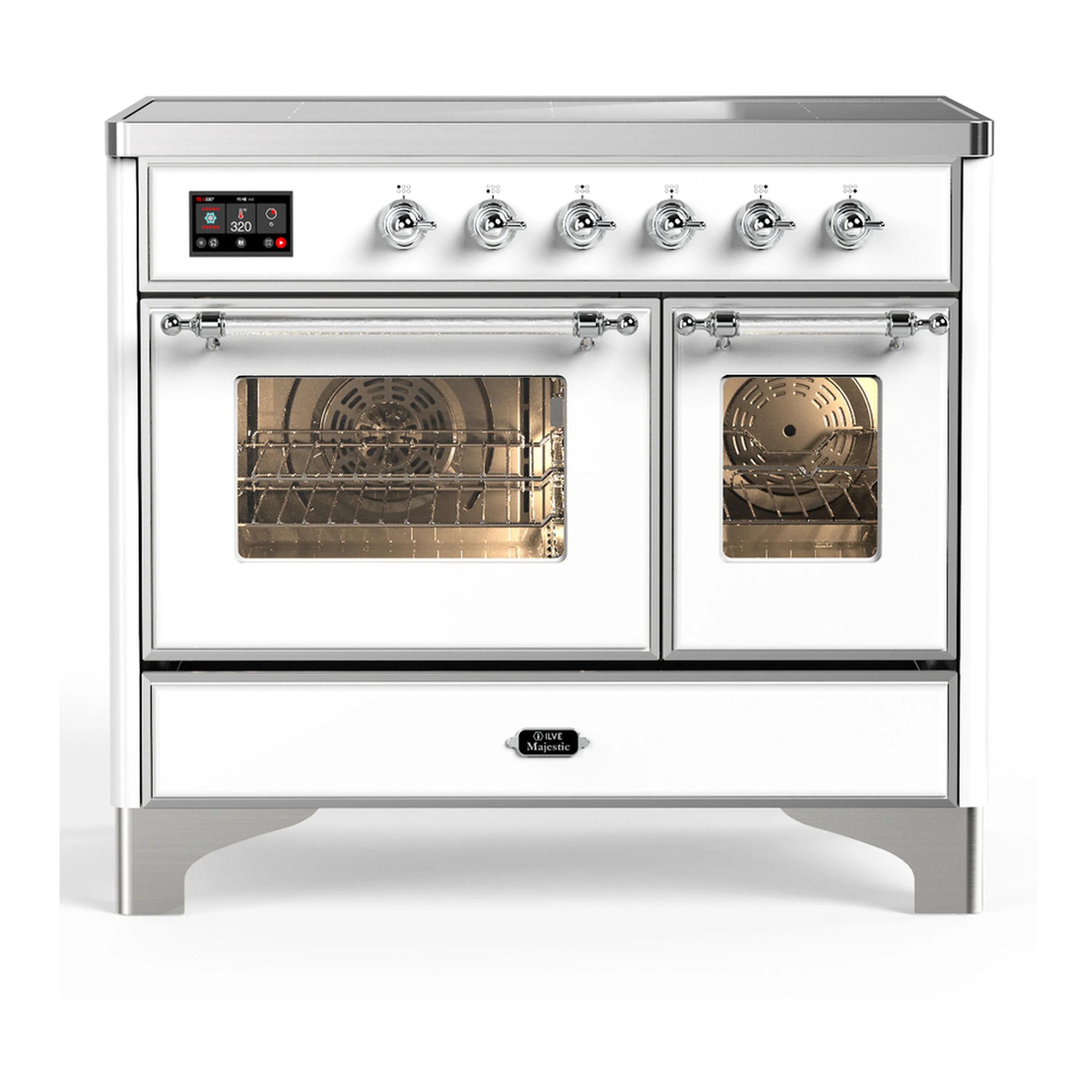 White induction range with six burners, dual glass oven doors, and chrome control panel.