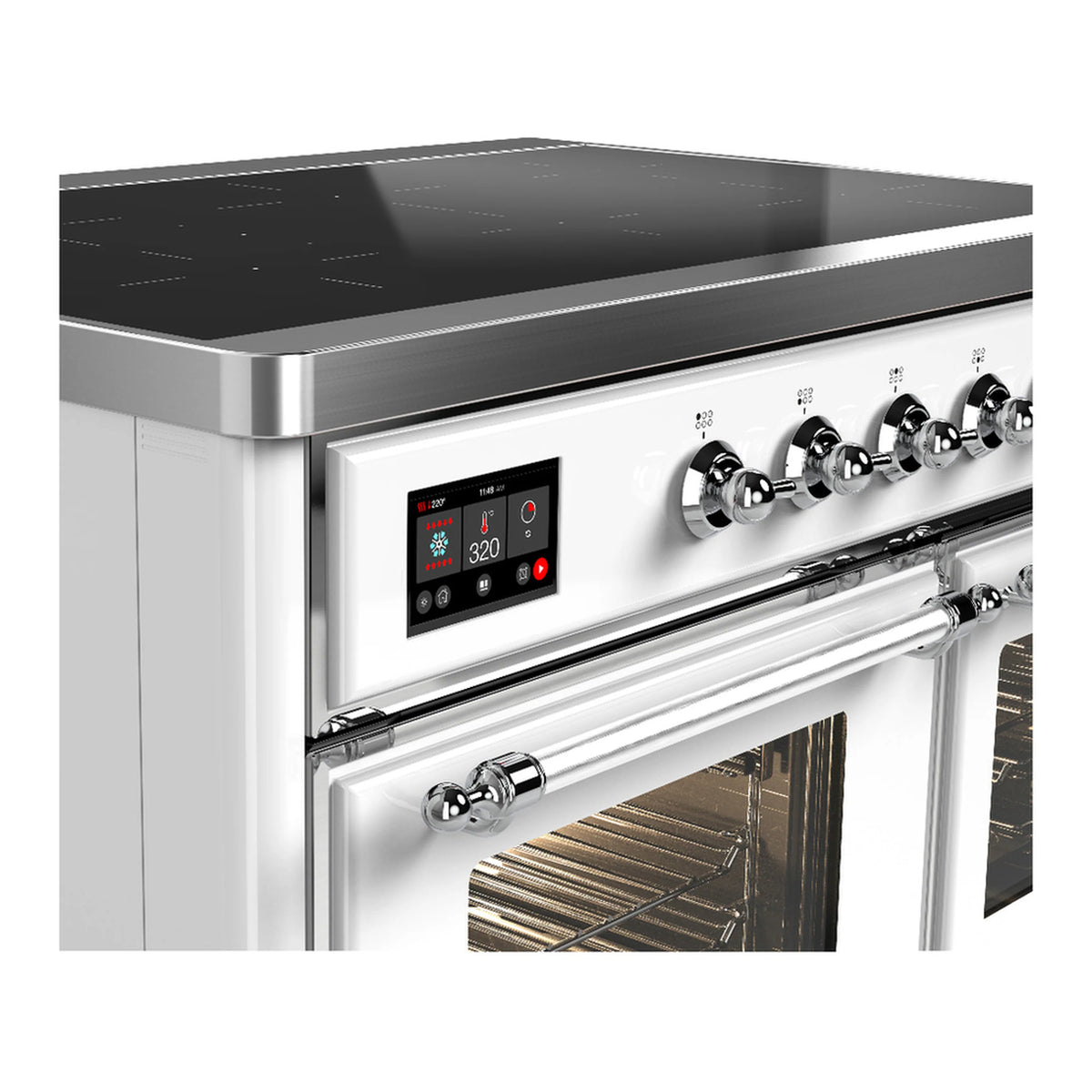 Chrome-trim induction range control panel with knobs and digital display above oven door.