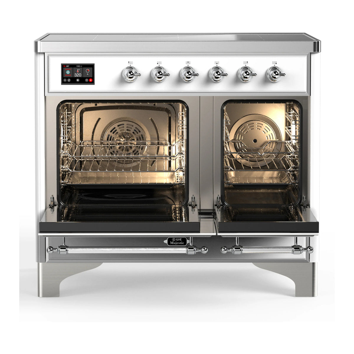 White induction range with two open oven compartments and rack inside, chrome trim.