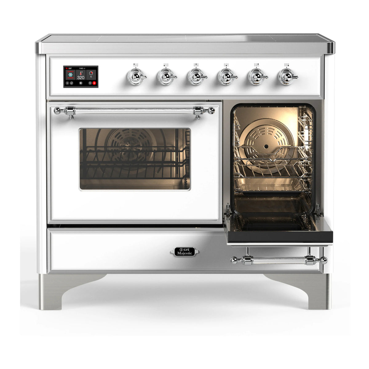 White induction range with one oven door open, showing racks, and chrome trim.