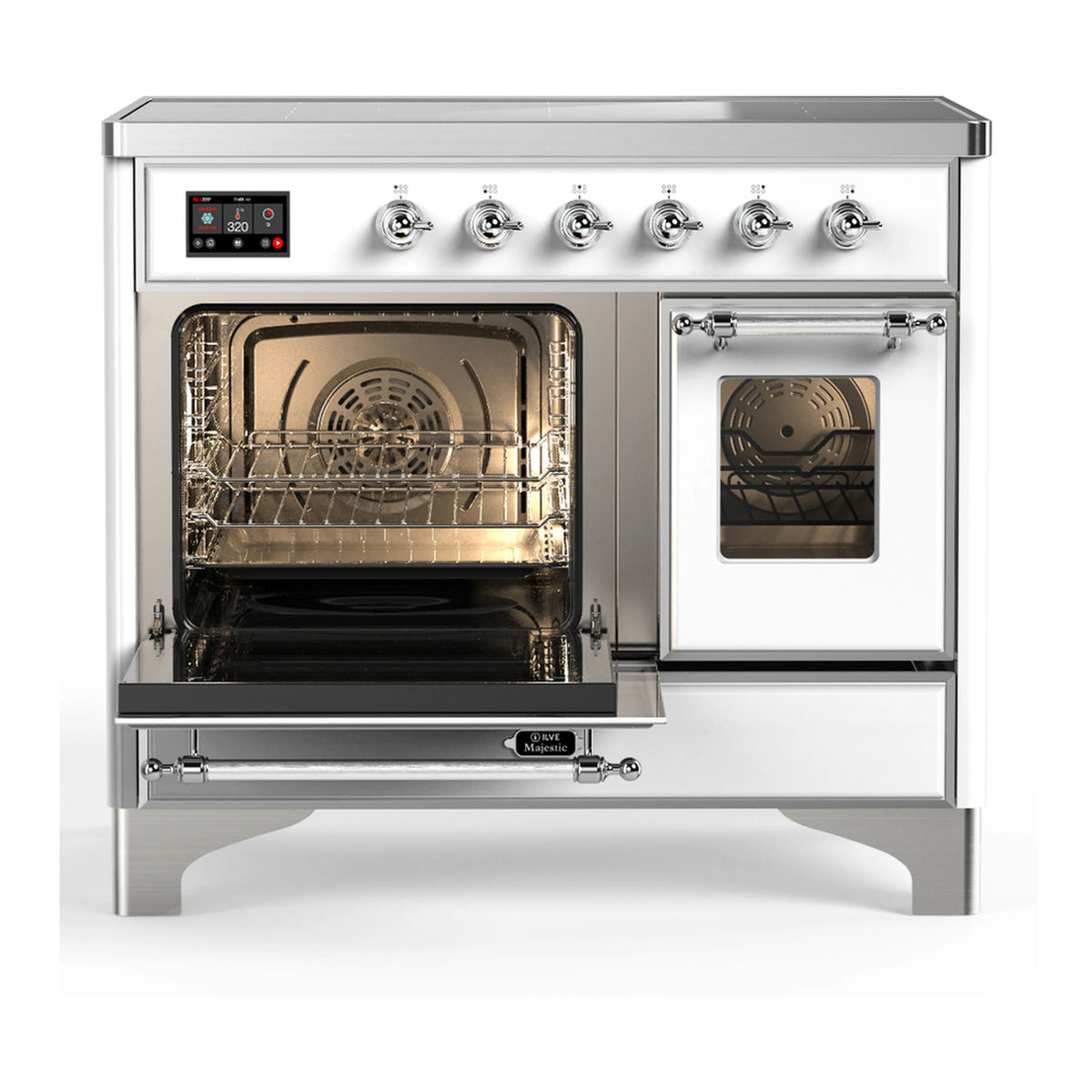 White induction range with two open oven doors, interior racks visible, chrome trim.