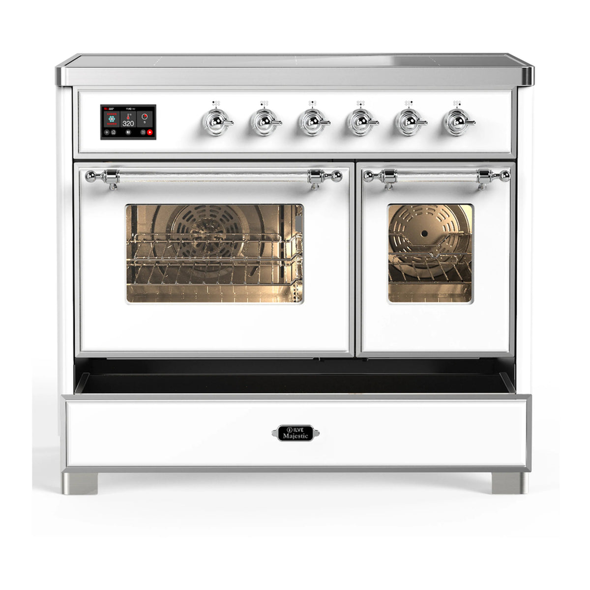 White induction range with oven doors closed and glass windows, chrome control panel.