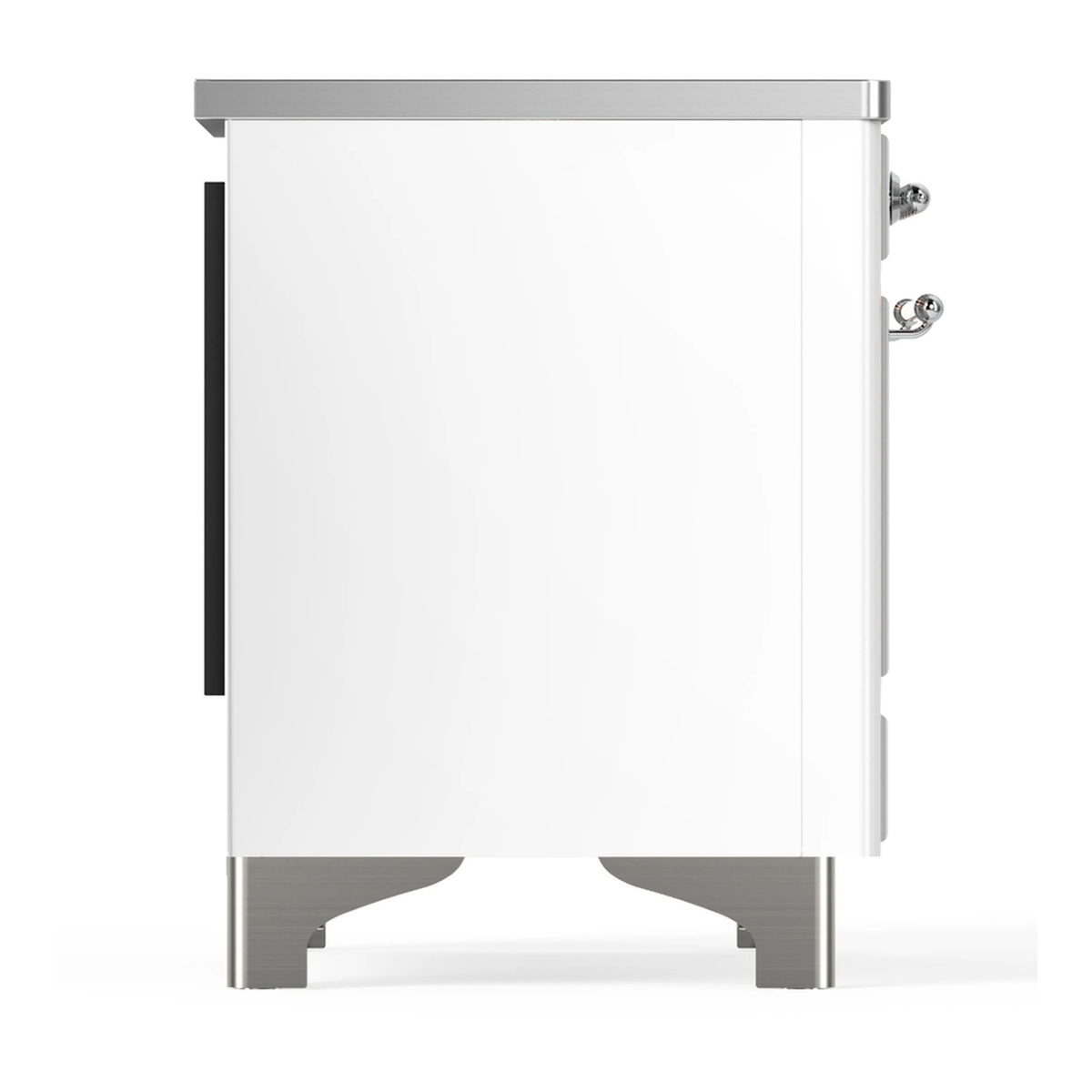 White induction range side view with chrome handles and control knob protrusions.