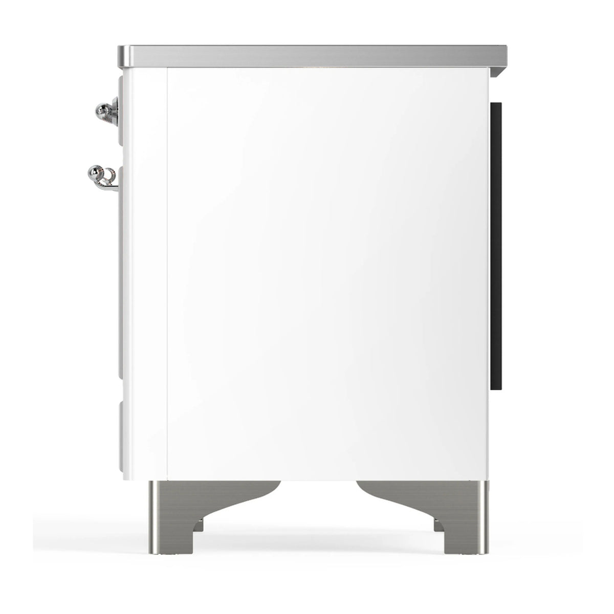 White induction range other side view with chrome trim and legs, showing handle area.