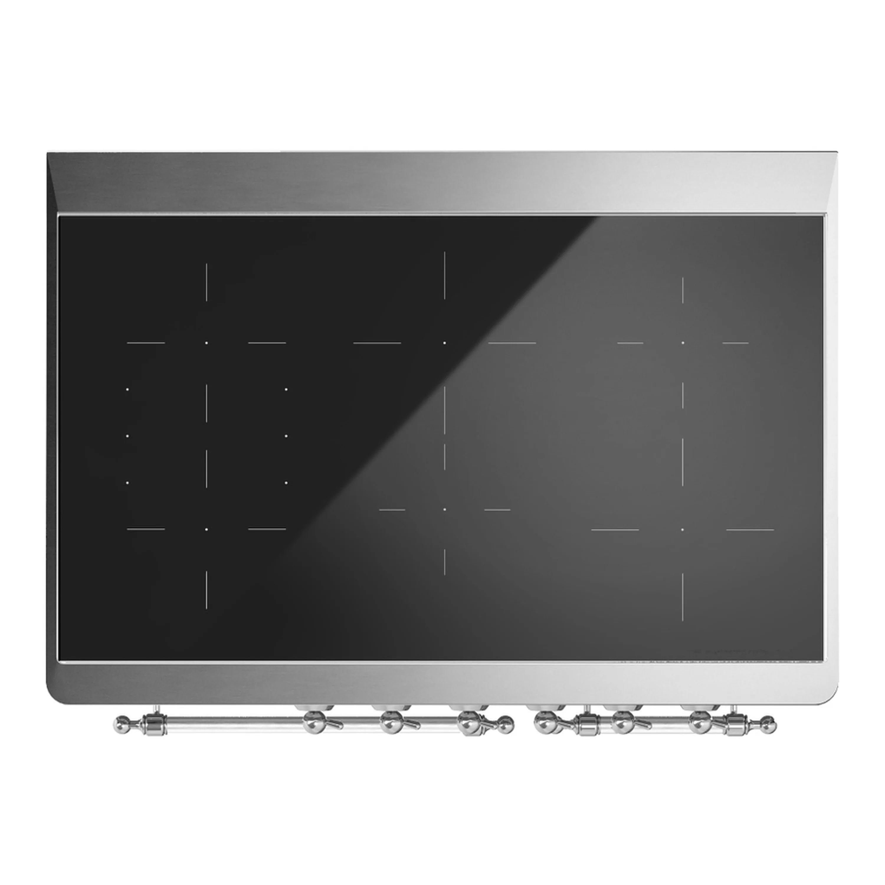 Black cooktop surface on a white induction range, with chrome knobs along the front.