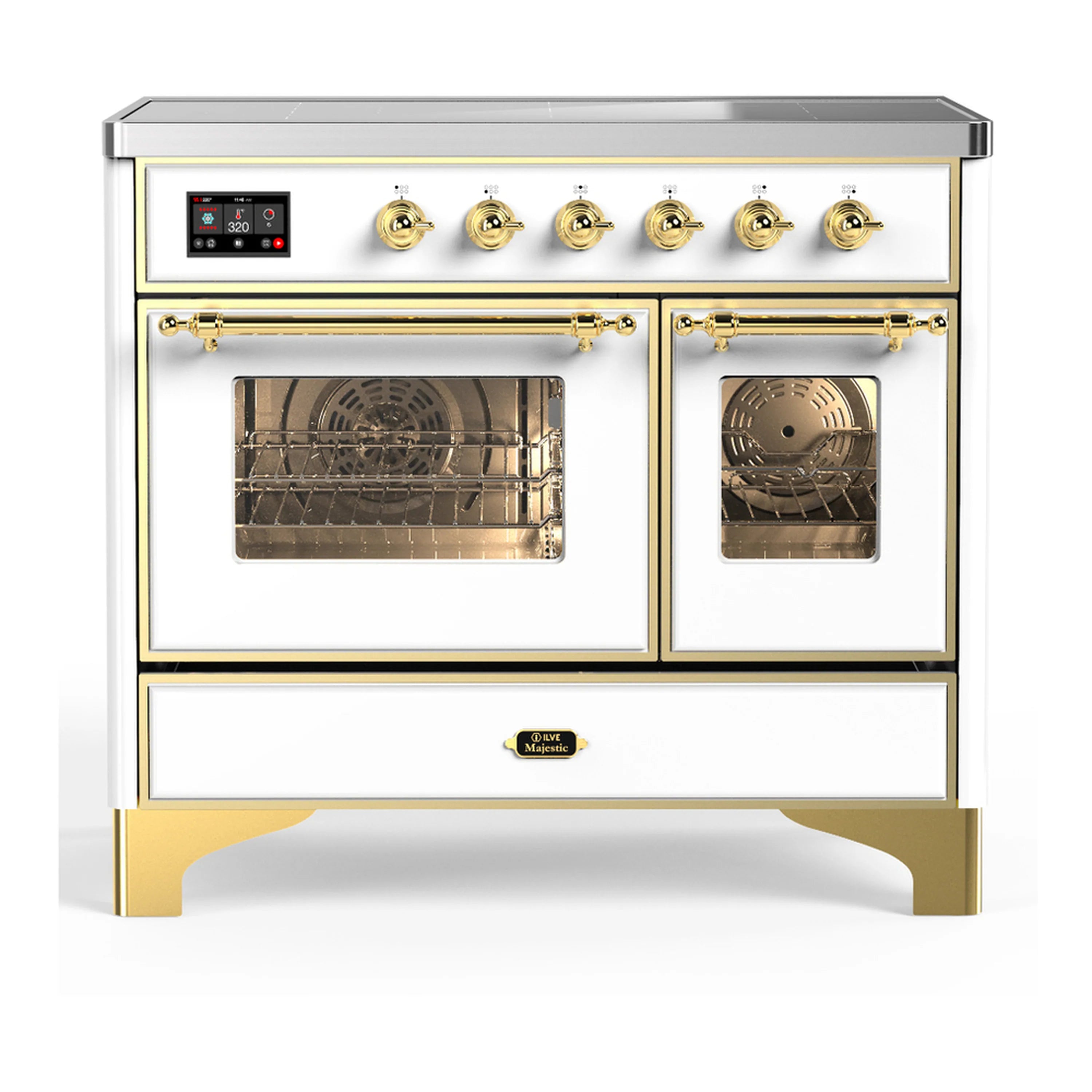 White induction range with brass trim, dual ovens and two glass oven doors