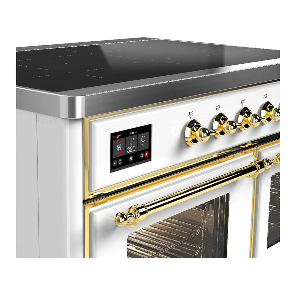 White induction range control panel with digital display and brass knob handles