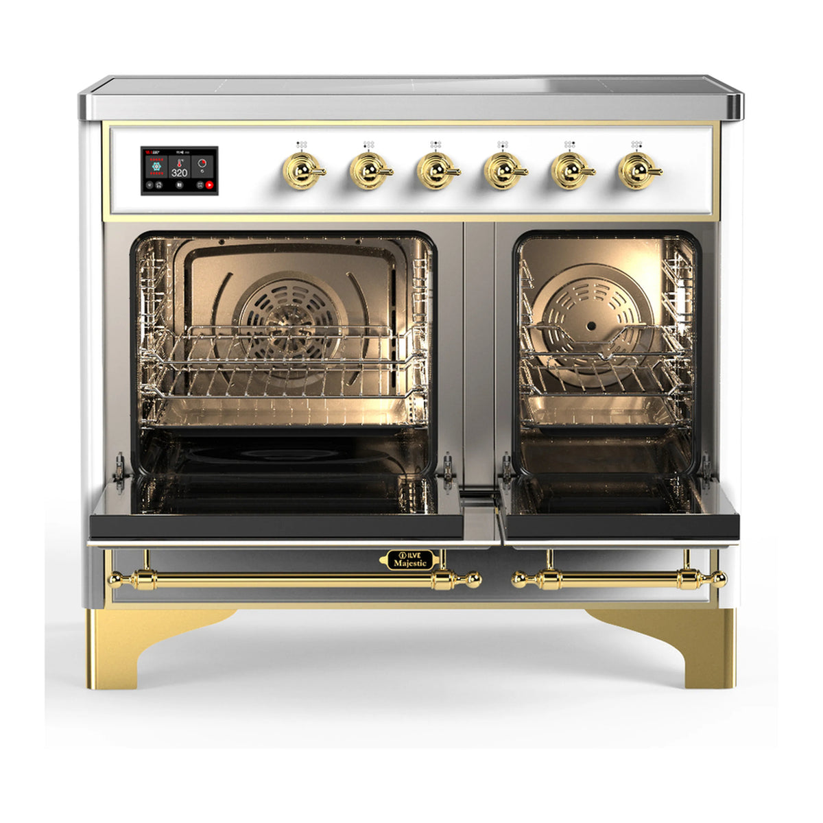 White induction range with brass trim, open triple oven doors and interior racks
