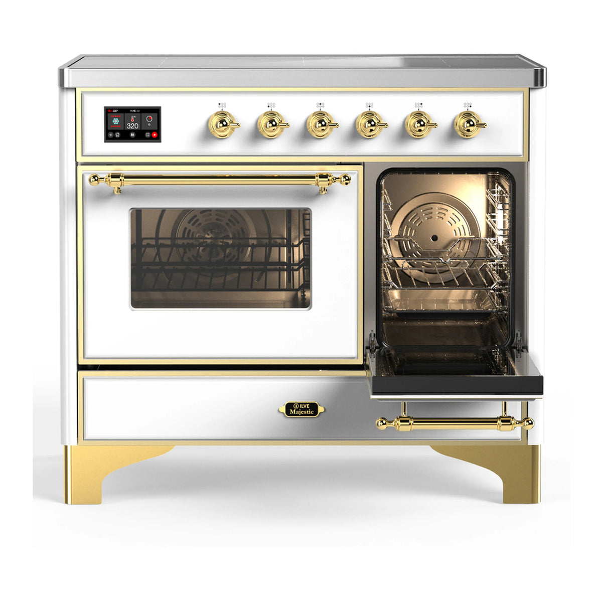 White induction range with brass trim, one open oven door and closed double door