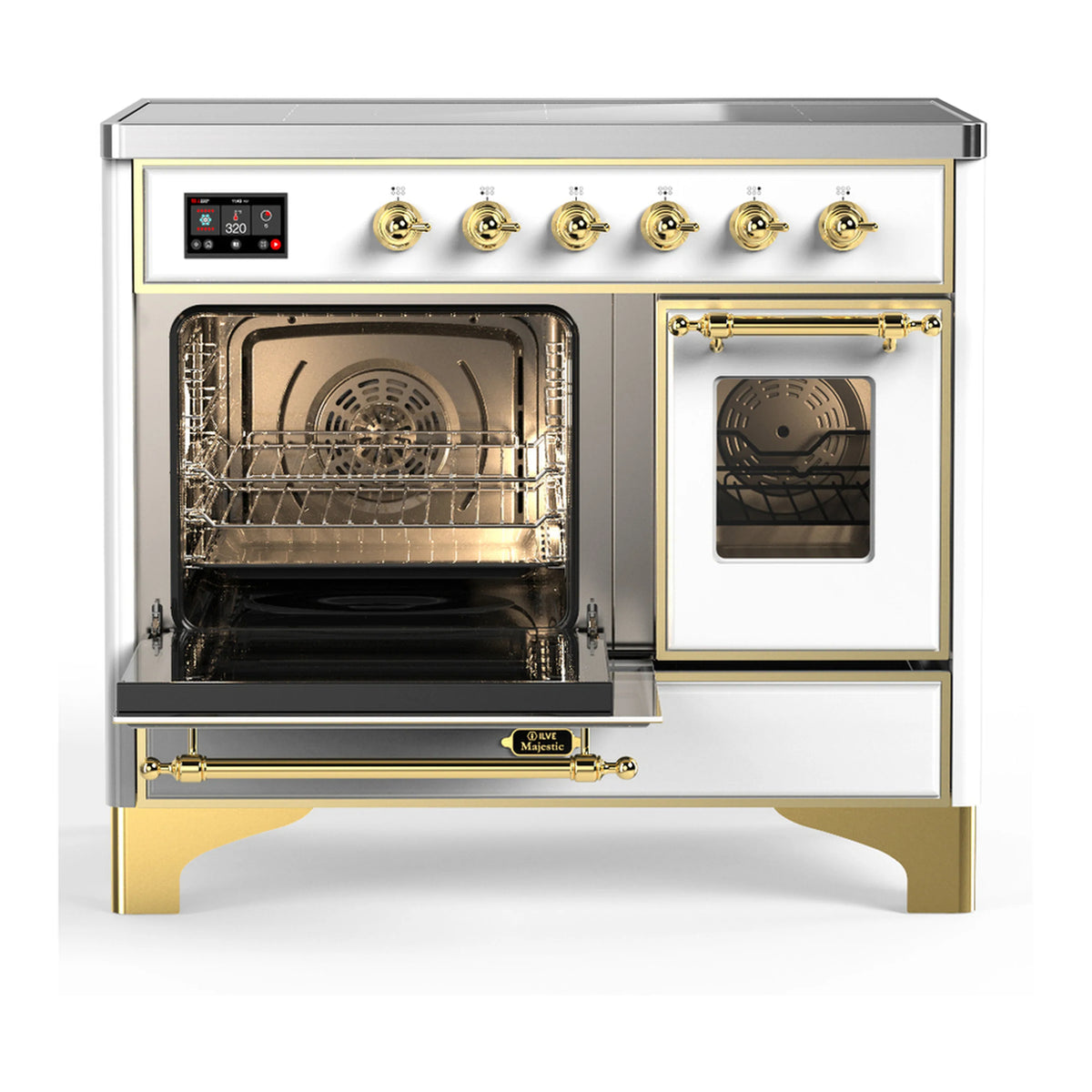 White induction range with brass trim, oven doors open with baking racks visible
