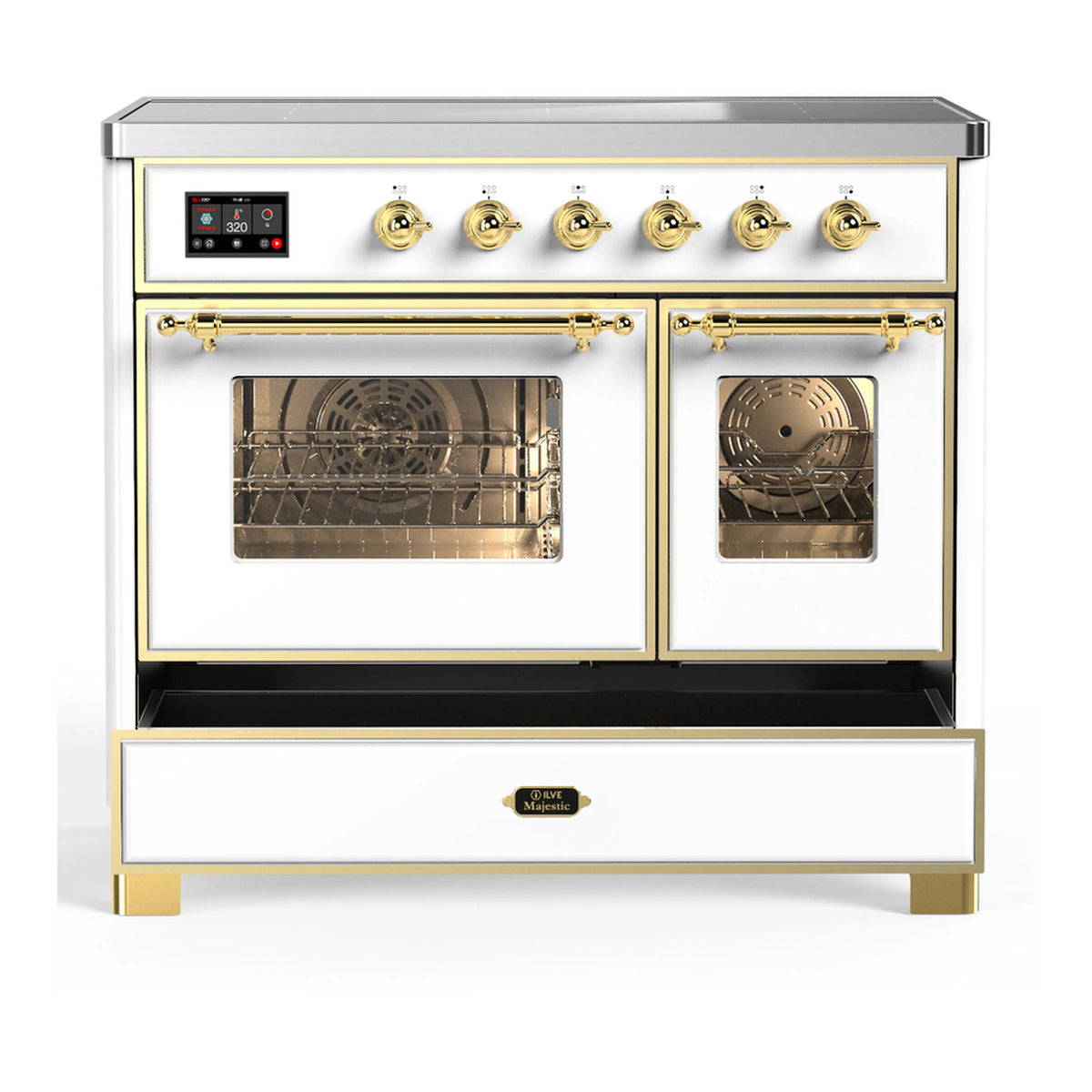 White induction range with brass trim, front view with closed oven doors and knobs