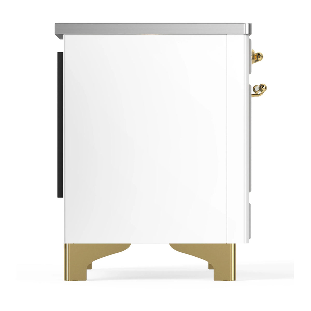 White side of an induction range with brass base trim and recessed handle