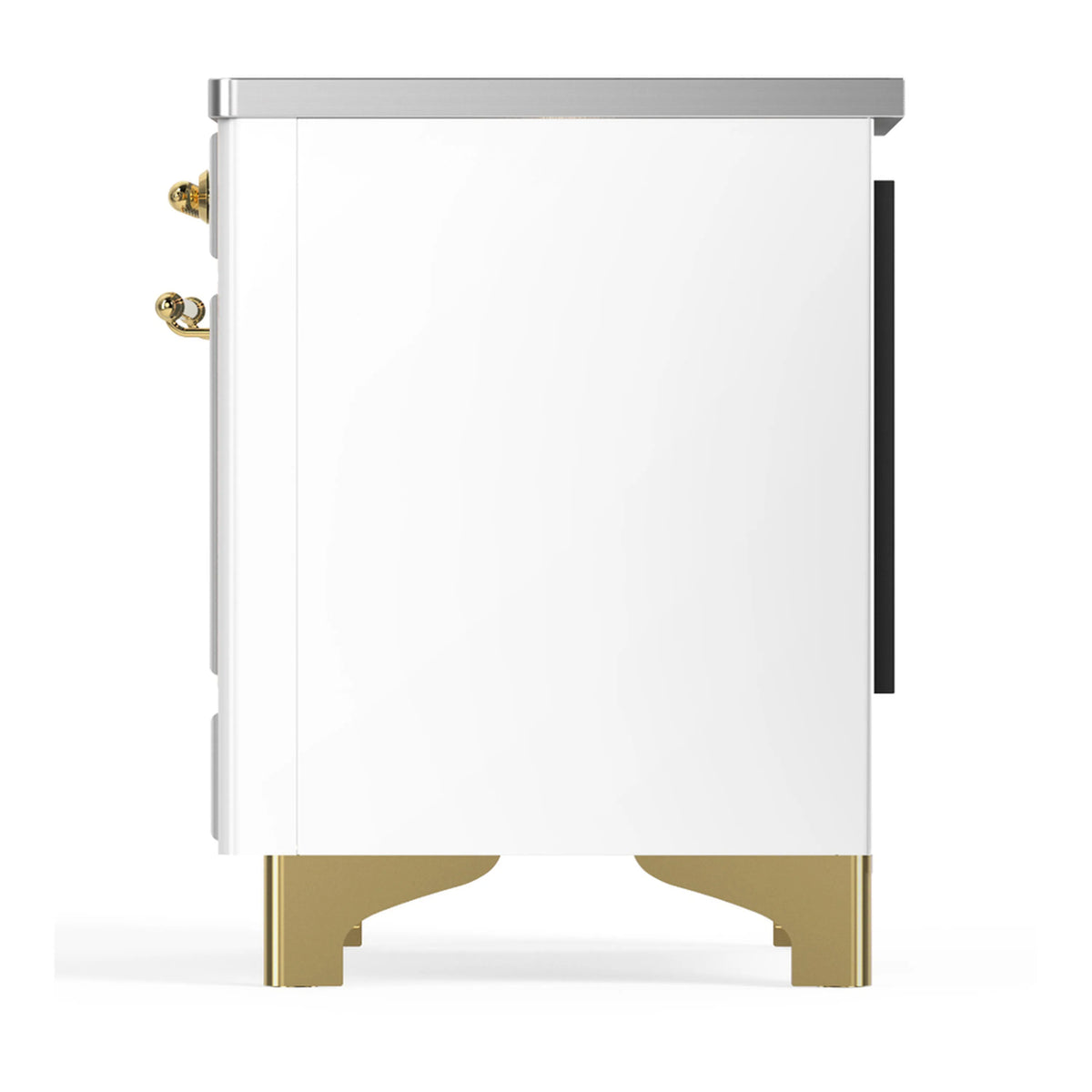 White induction range rear-side view with brass feet and side handle