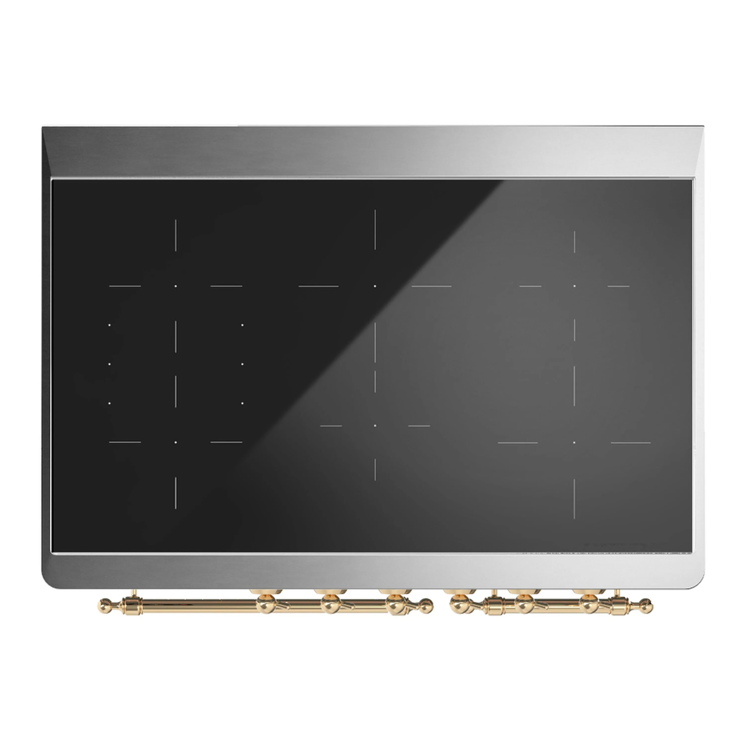 White induction cooktop with dark glass surface and brass trim along the front edge