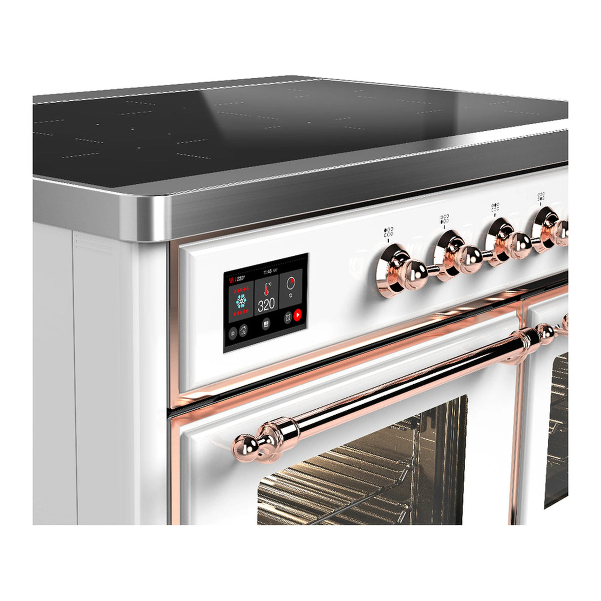 Close-up of white oven door, copper control knobs, and digital display on an induction range