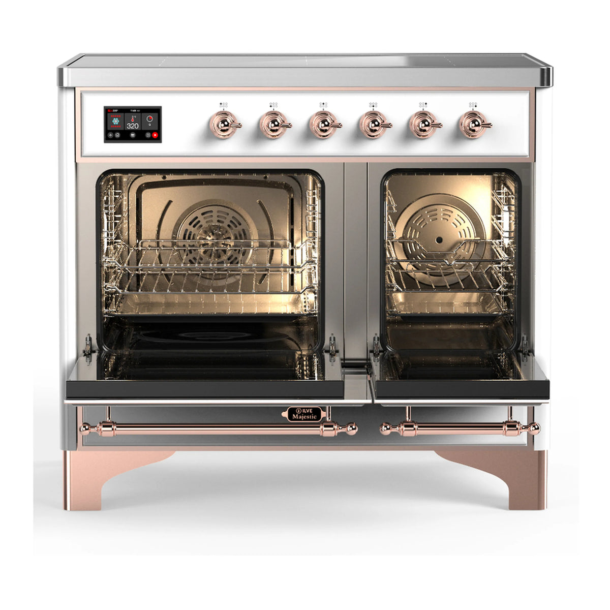 White dual oven interior with wire racks, open glass doors, and copper trim on induction range
