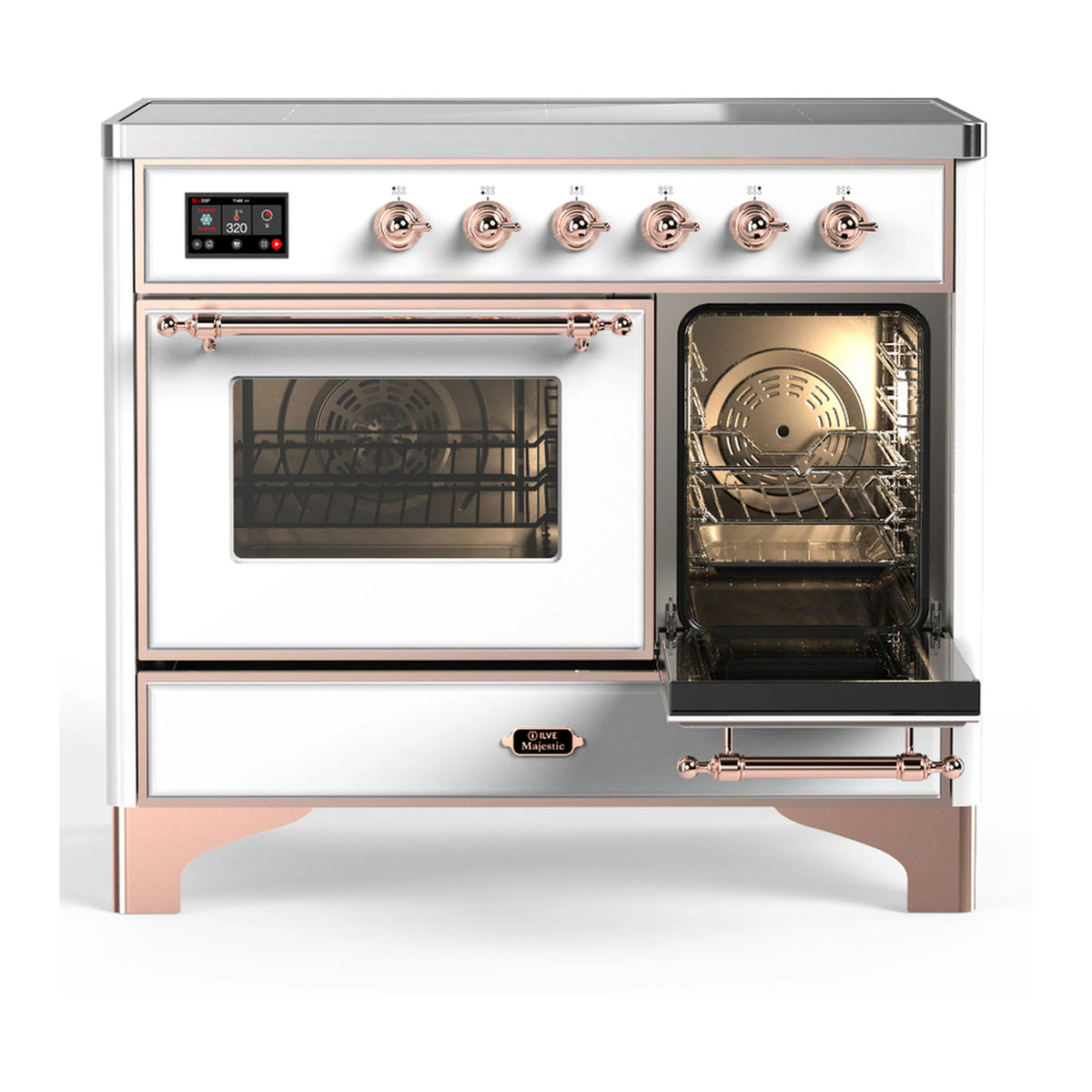 White induction range with copper trim, open double oven doors, and six round control knobs