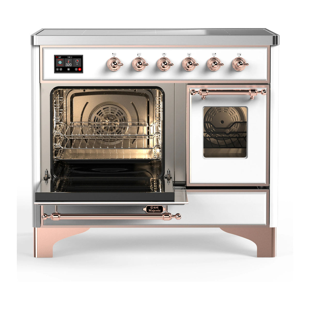 White induction range showing oven interiors through glass doors and copper control hardware