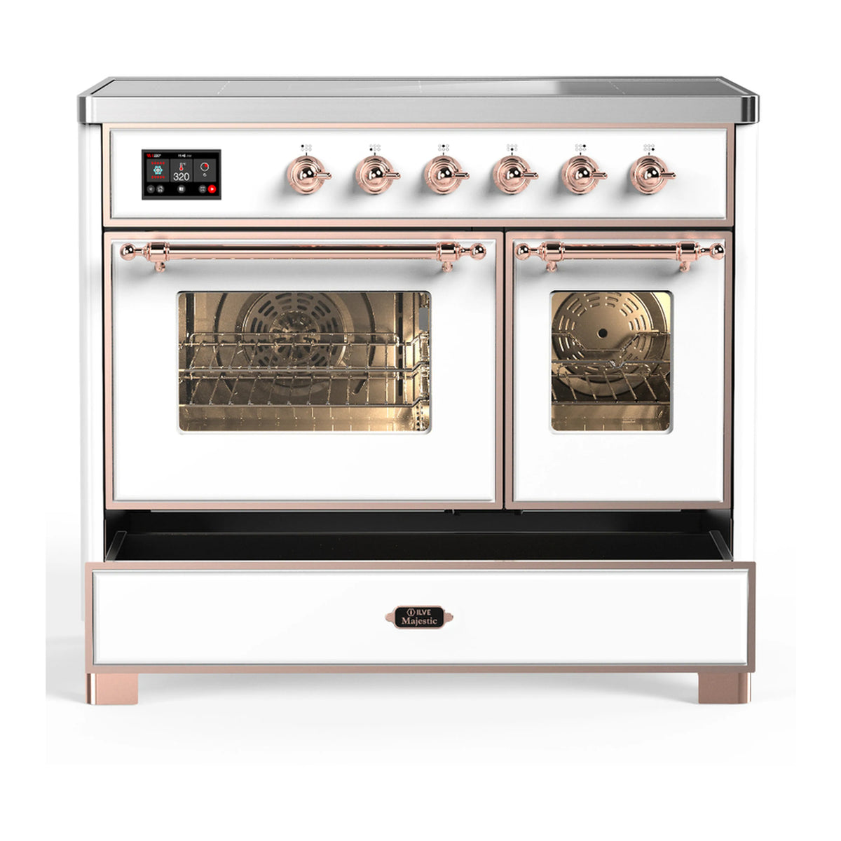 White electric induction range with copper trim, top control panel, and double oven view