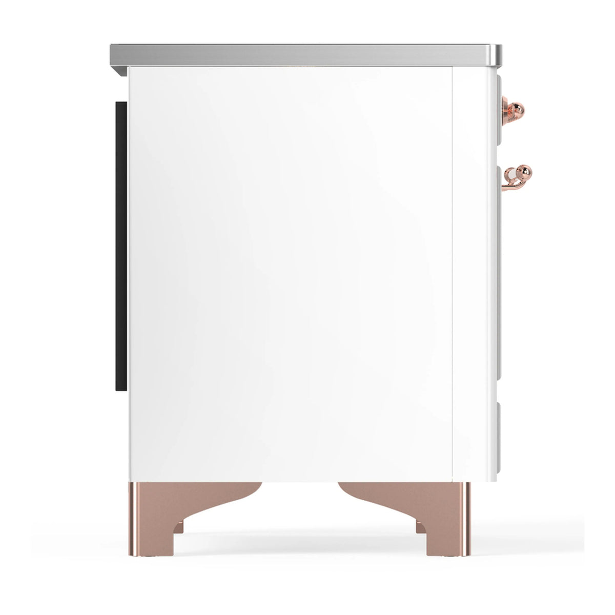 White side panel of a copper-trim induction range with front base legs