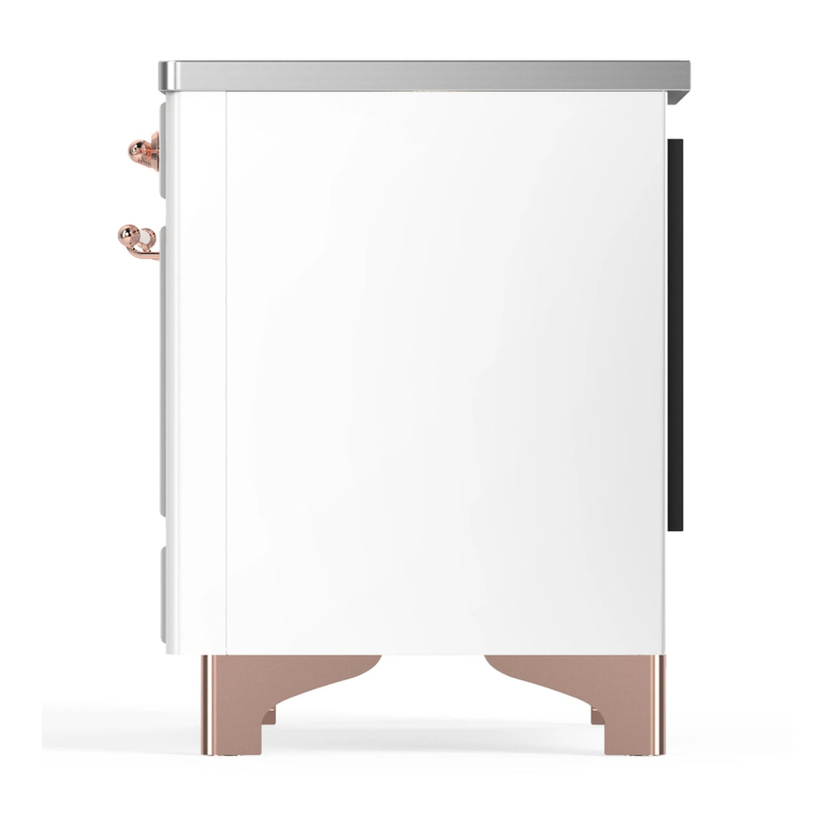 White induction range side with copper control knob and black side handle