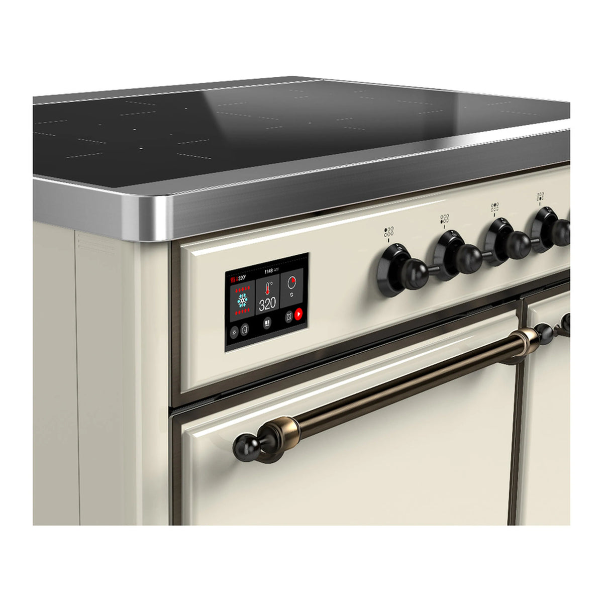 Induction range control panel with digital display and five black control knobs