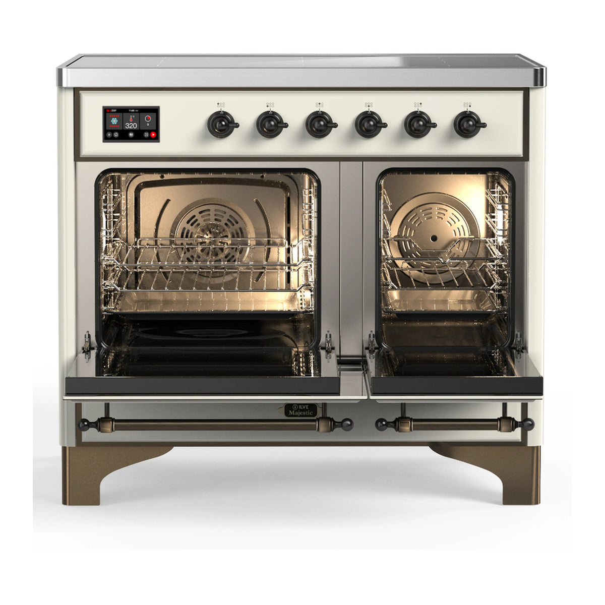 Antique white induction range with both oven doors open, showing metal racks inside
