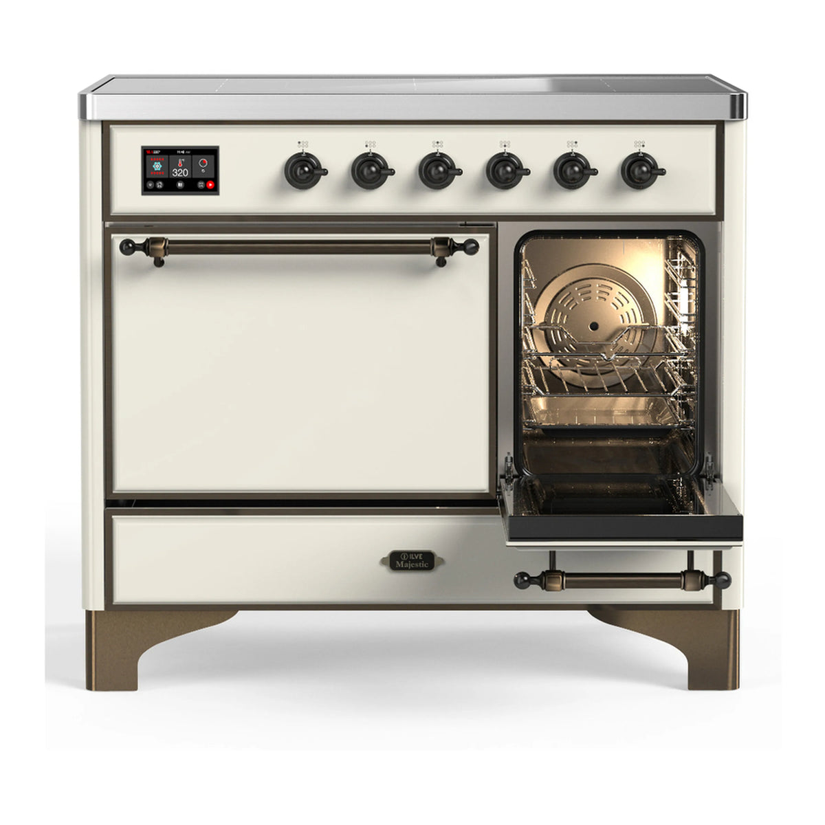 Antique white induction range with one oven door open and interior light on
