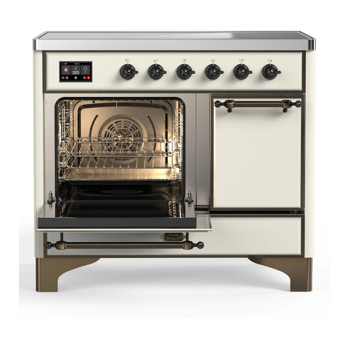 Induction range with both oven doors open, showing oven racks and warm interior light