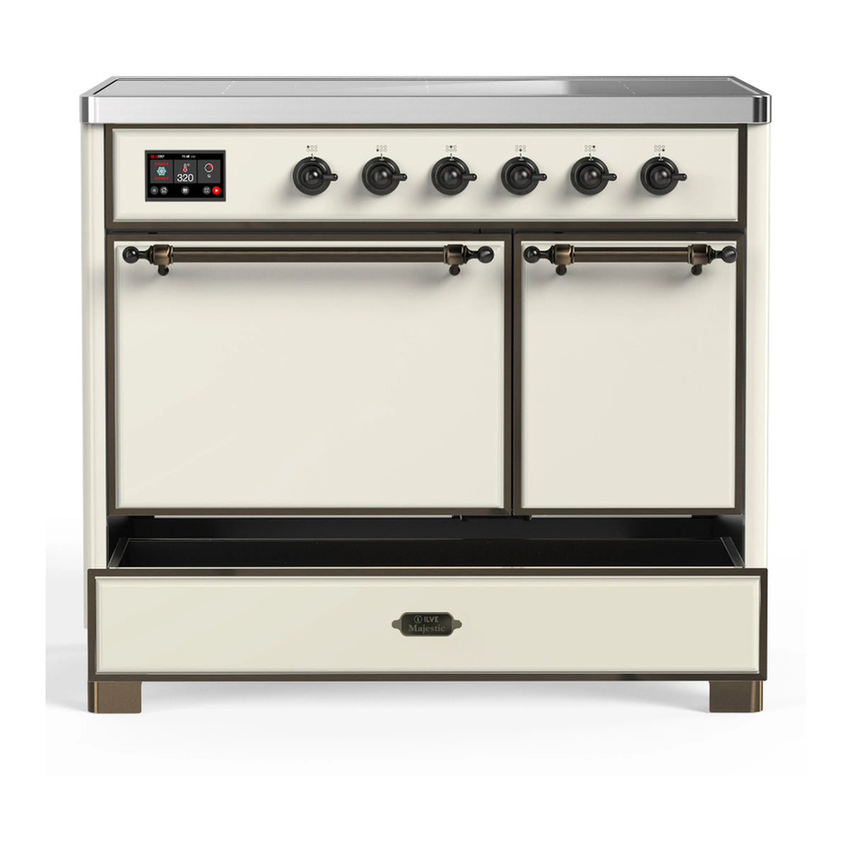 Antique white induction range with six black burner knobs, digital display, and closed doors