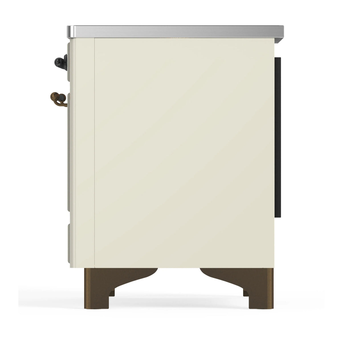 Induction range rear side view in antique white with bronze trim and feet