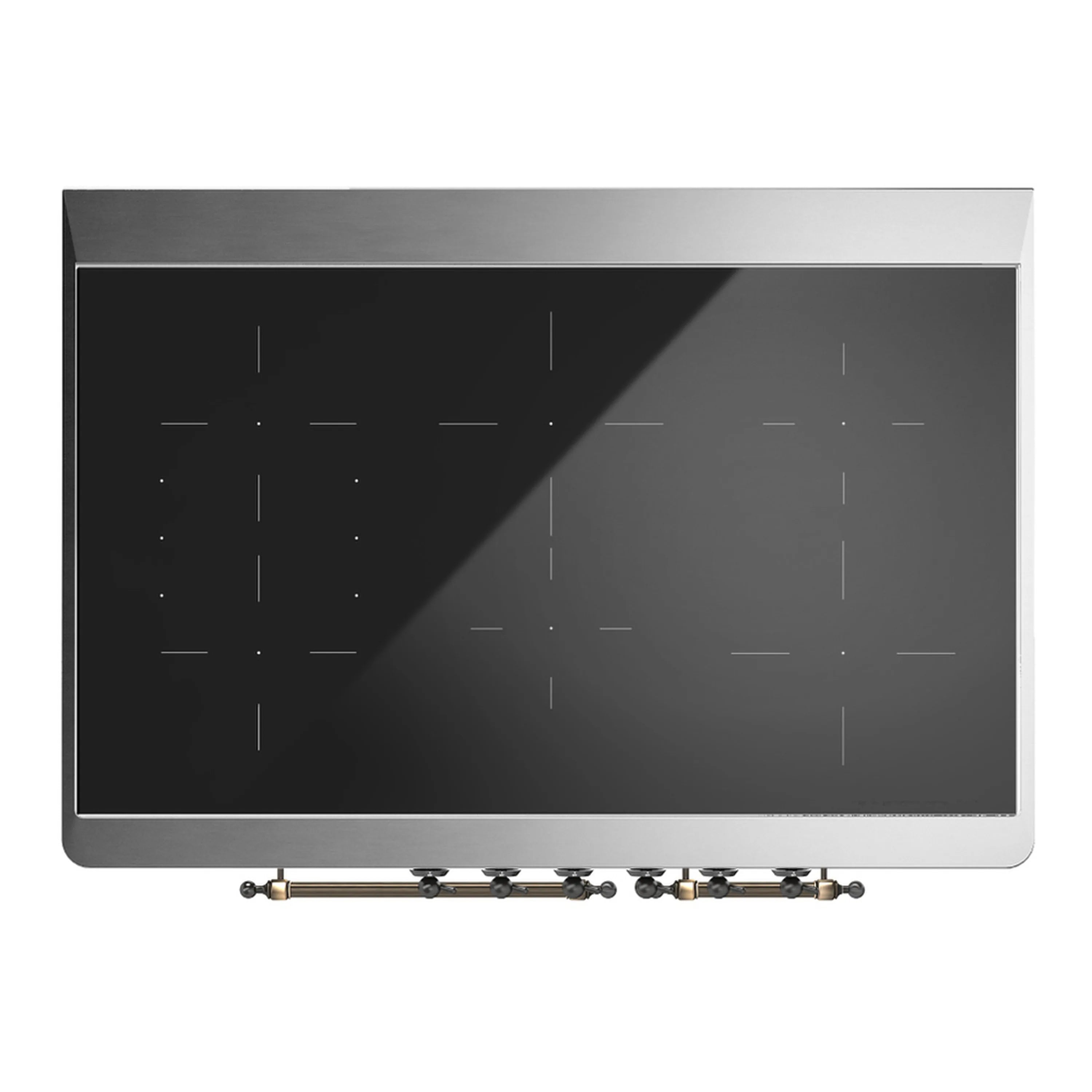 Black glass cooktop with burner control knobs and brass accents on induction range