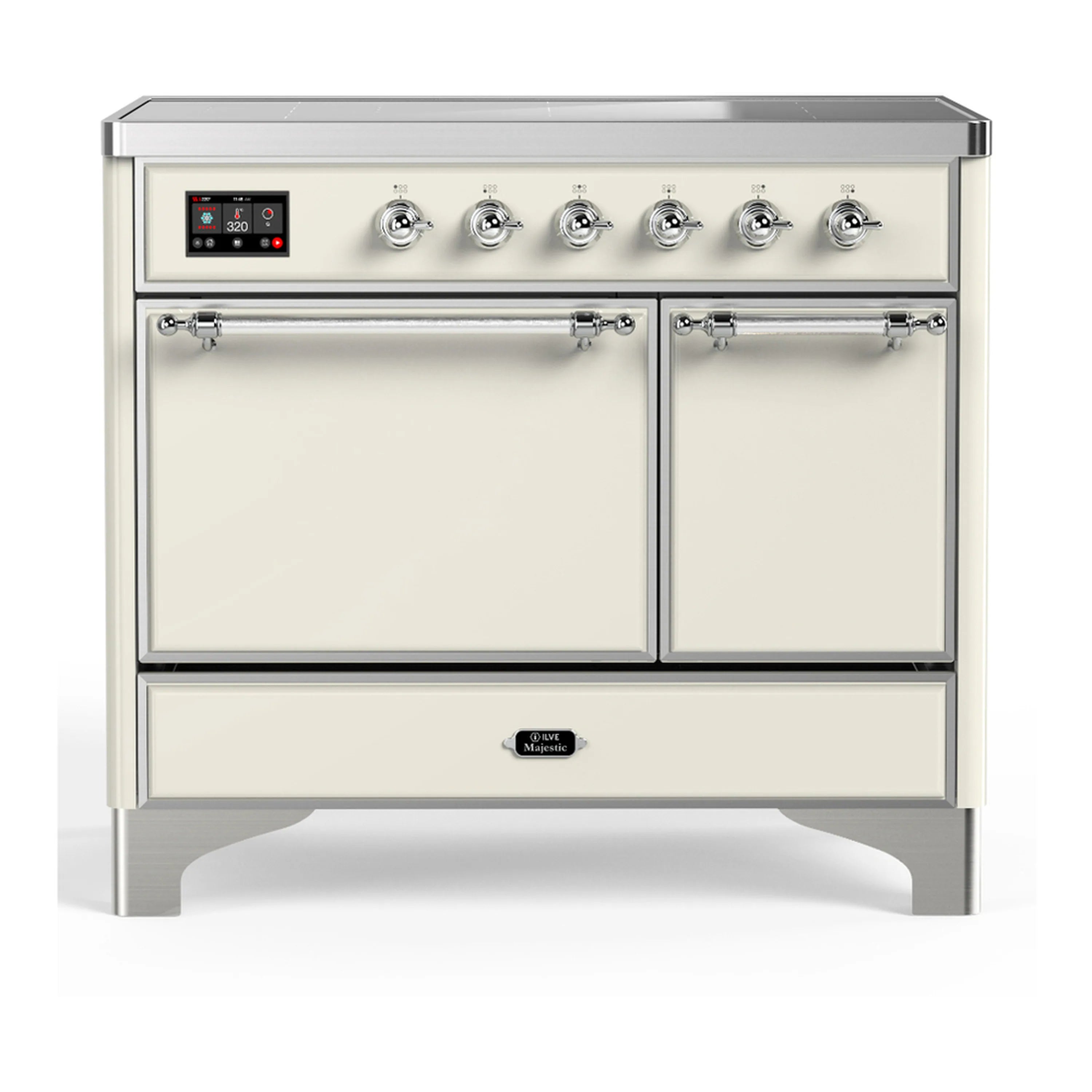 Antique white induction range with chrome trim, two cabinet doors, and control panel