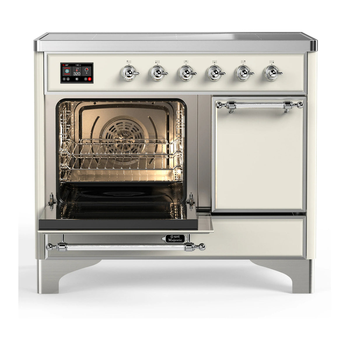 Antique white electric oven door open with interior racks and circular heating element