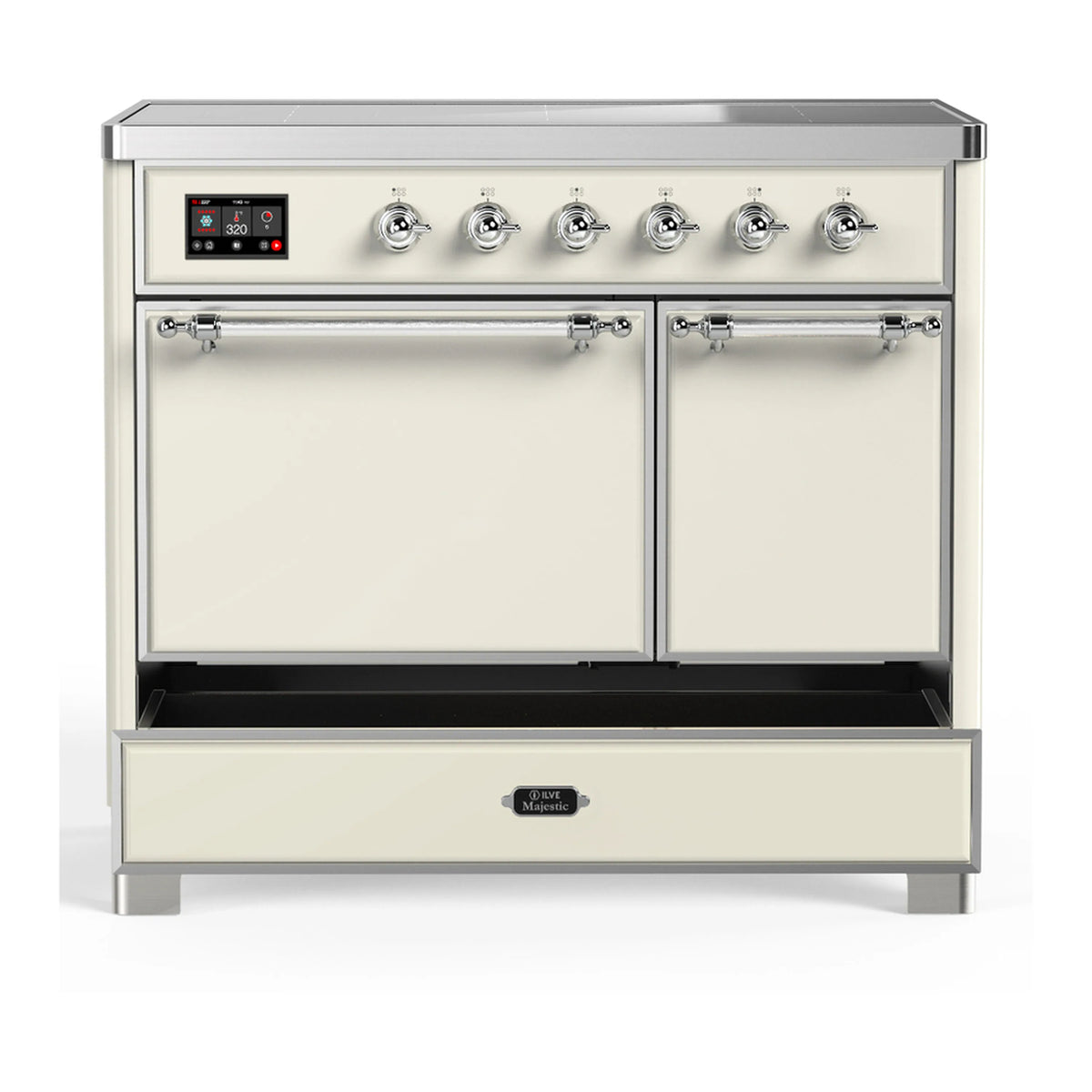 Antique white induction range with chrome control knobs and two closed cabinet doors