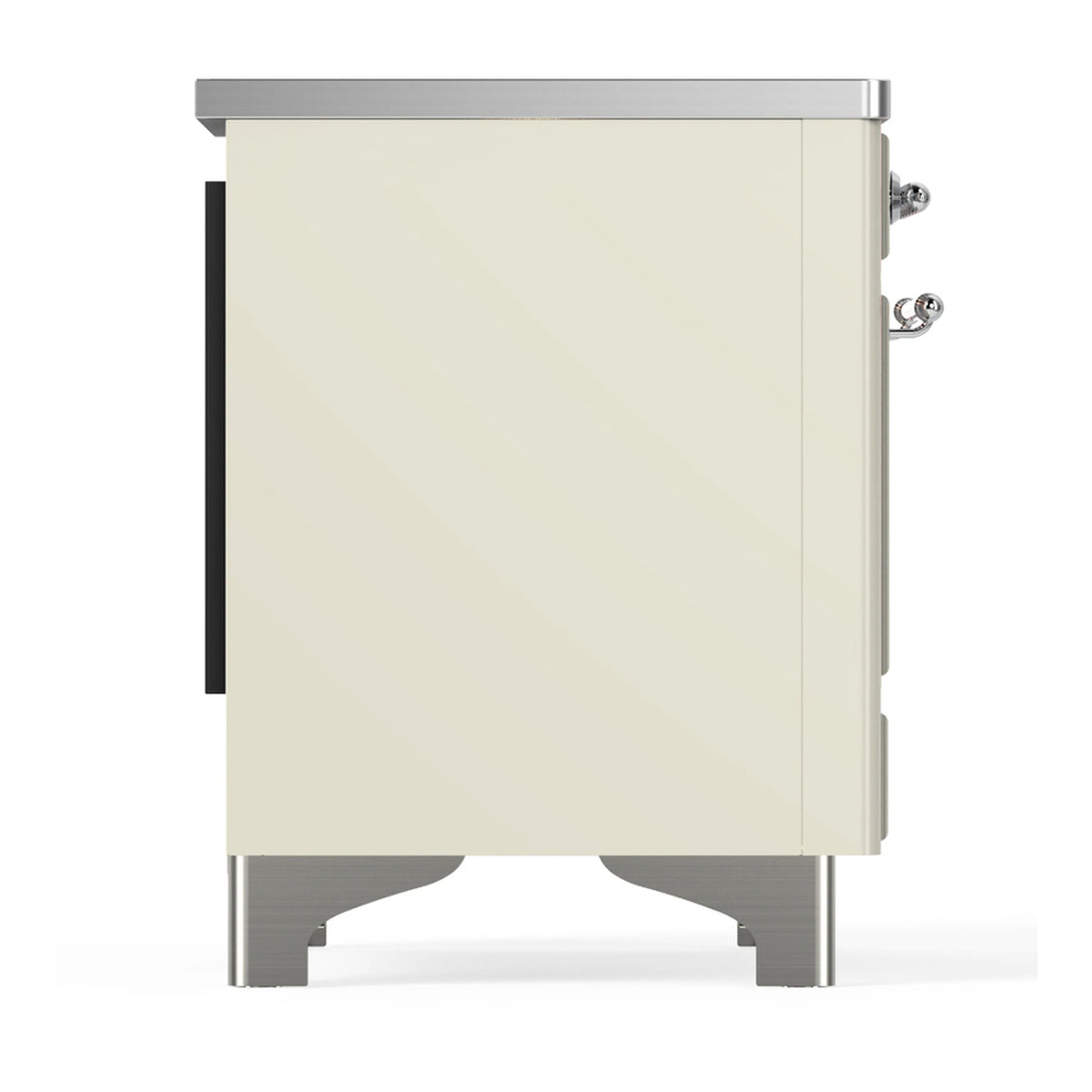 Antique white induction range side panel with chrome trim and small hardware
