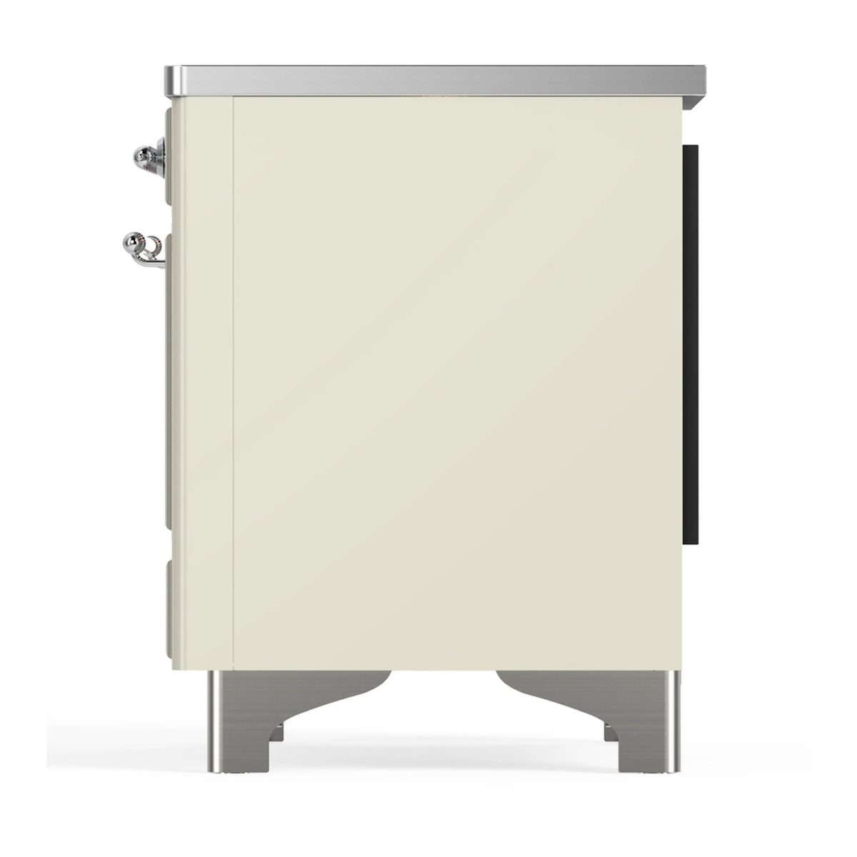 Antique white induction range other side view with chrome trim and hardware