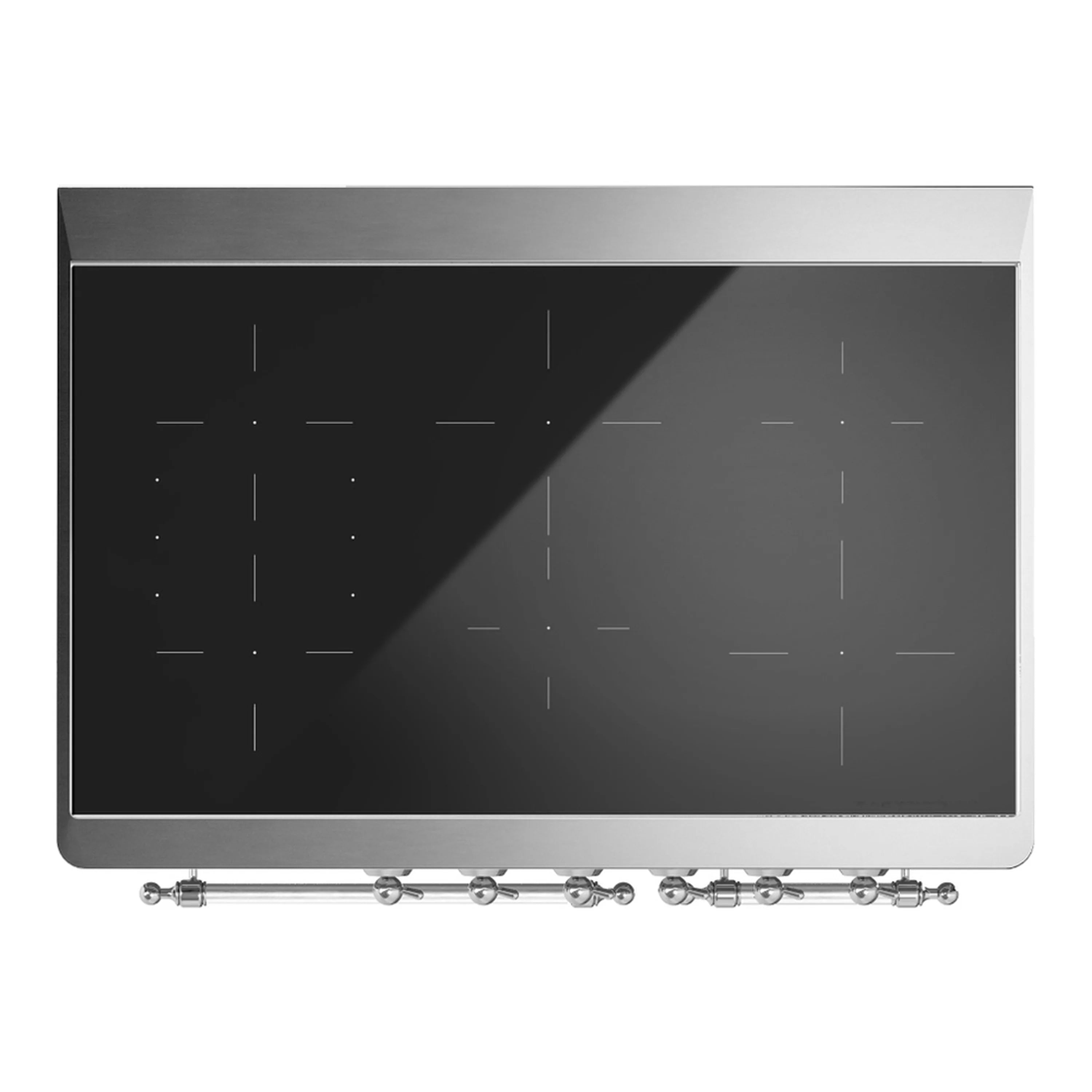 Black glass front panel with chrome controls along the bottom edge
