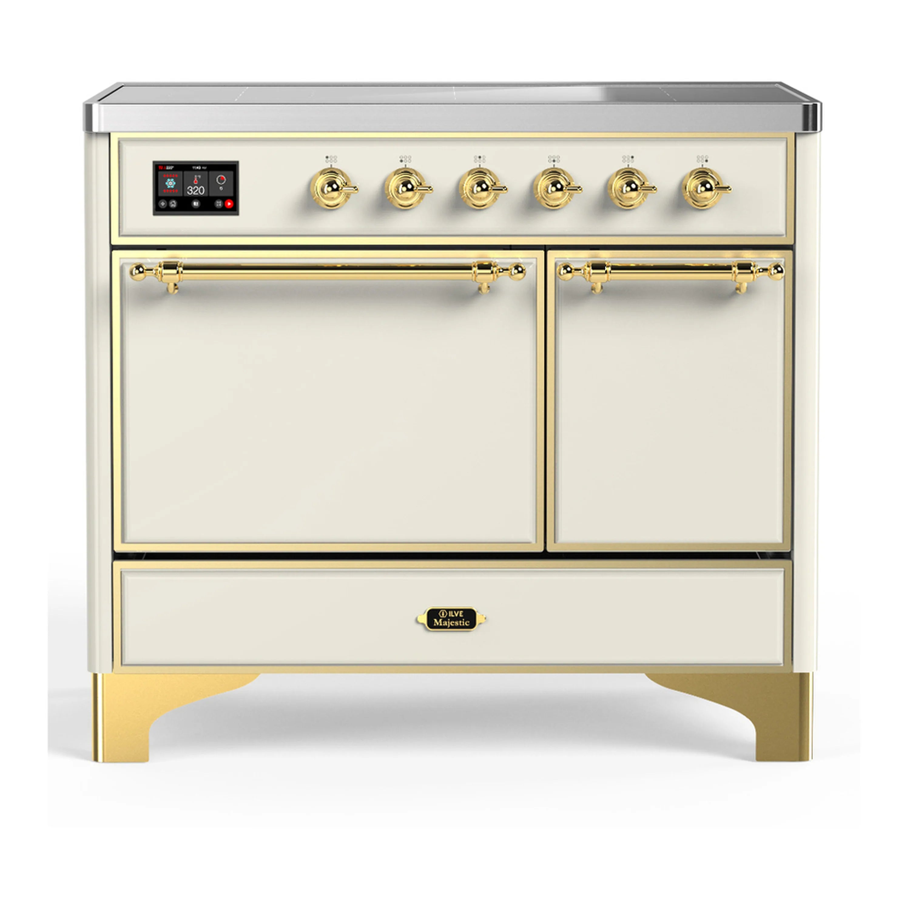 Antique white induction range with brass trim, control panel, and closed oven doors
