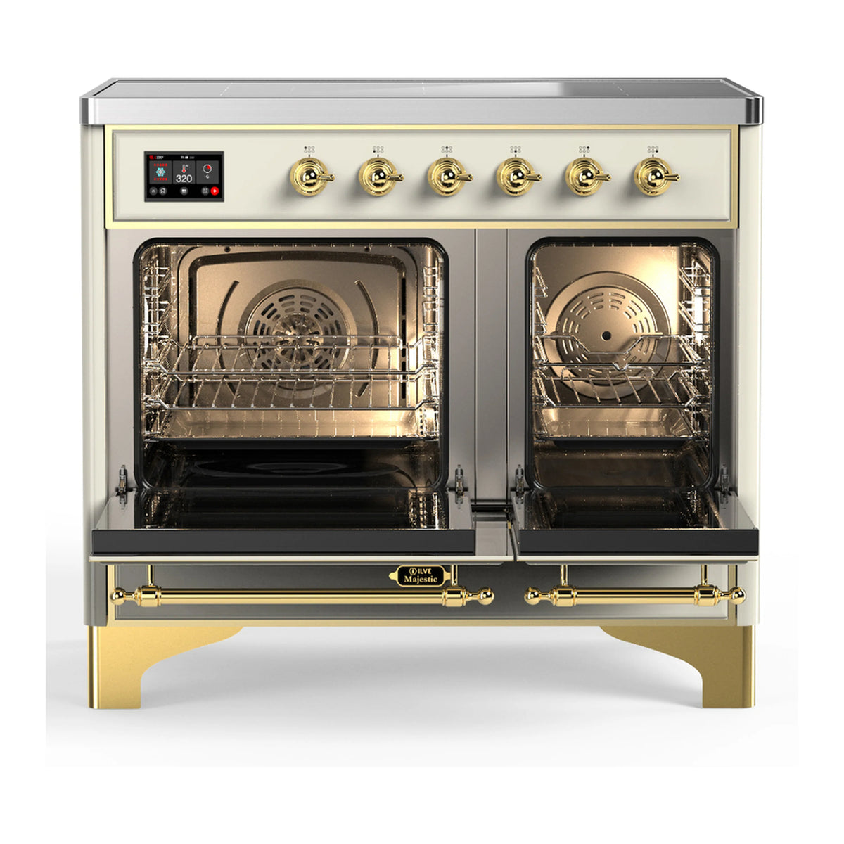 Antique white induction range with brass trim; both ovens open