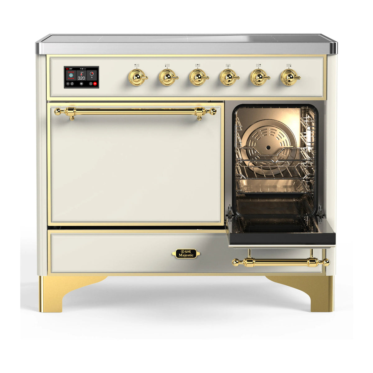 Antique white induction range with brass trim; left storage drawer closed, oven open