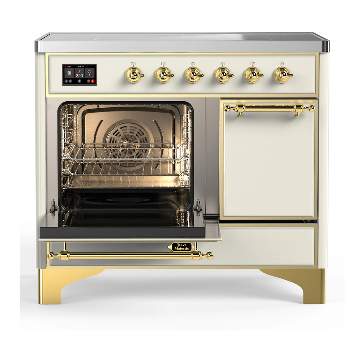 Antique white induction range with brass trim; left oven open and right door storage closed